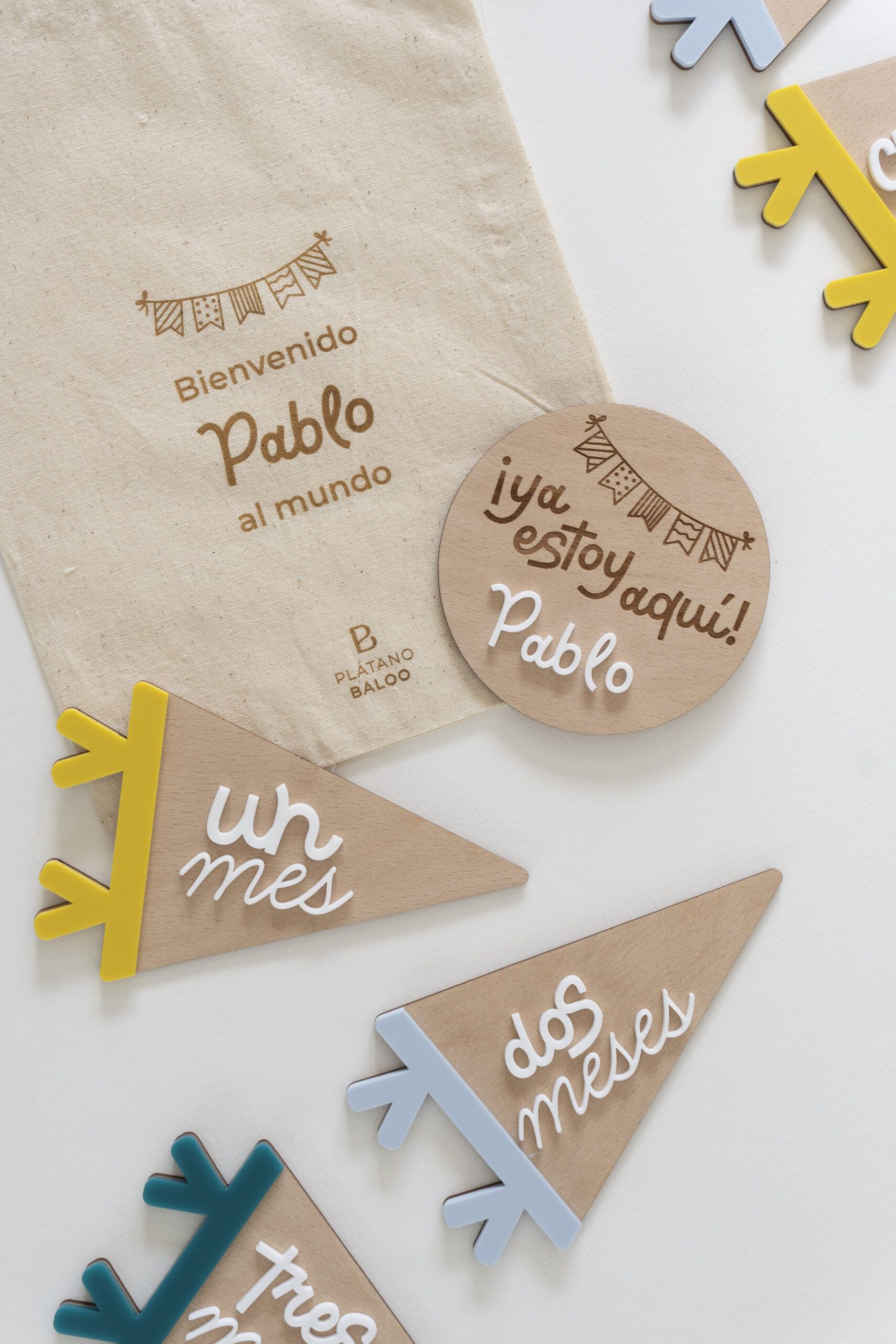 Conjunto completo del cumplemes personalizado: placa de bienvenida, 12 banderines y bolsa de algodón
