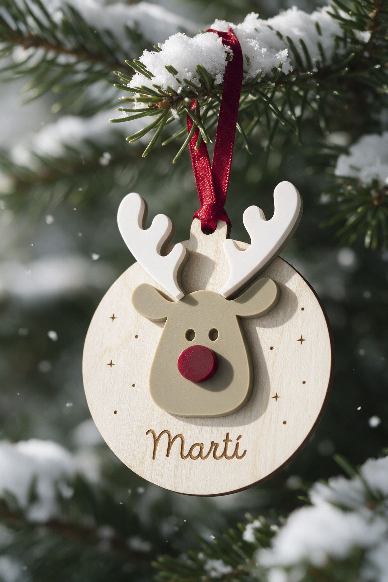 Bola de Navidad personalizada con nombre Martí y reno de metacrilato en relieve colgada de una rama nevada